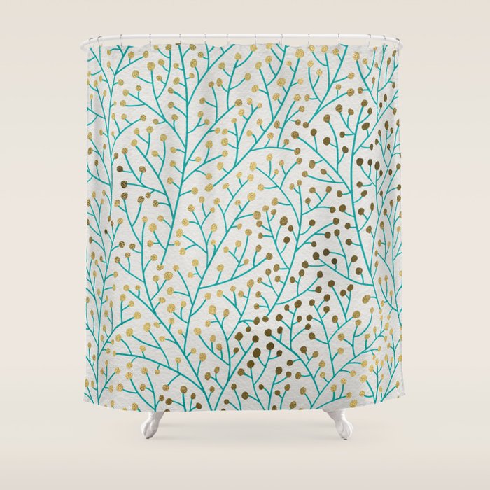 Berry Branches - Turquoise & Gold Shower Curtain