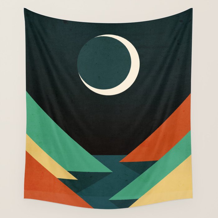 Quiet Stream Under Crescent Moon Wall Tapestry