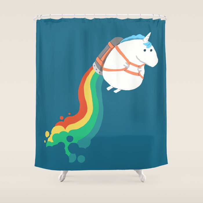 Fat Unicorn On Rainbow Jetpack Shower Curtain