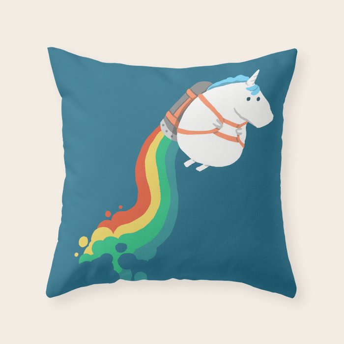 Fat Unicorn On Rainbow Jetpack Throw Pillow