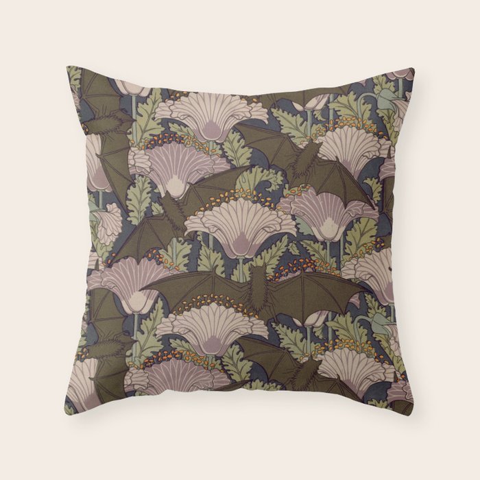 Vintage Art Deco Bat And Flowers Throw Pillow