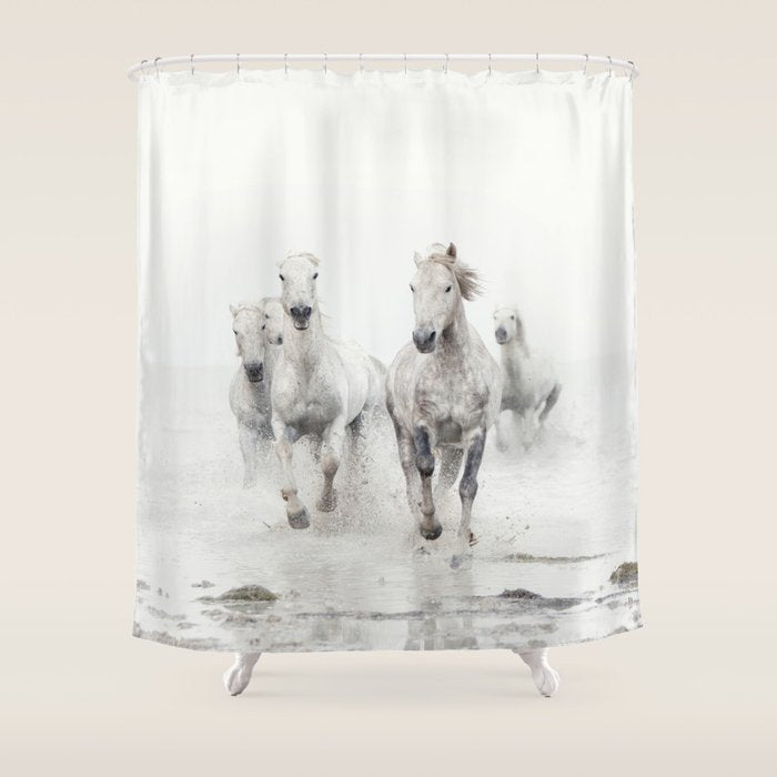 Camargue White Horses Running In Water - Nature Photography Shower Curtain