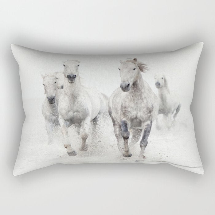 Camargue White Horses Running In Water - Nature Photography Rectangular Pillow