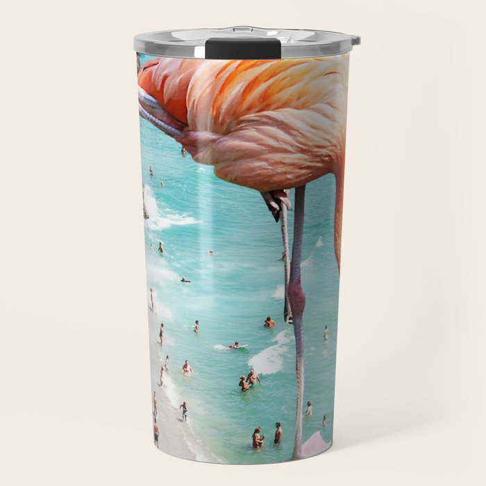 Flamingos On The Beach, Wildlife Surrealism Birds, Nature Flamingo Fantasy Beach Summer Photography Travel Mug