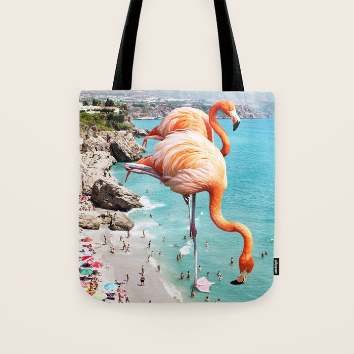 Flamingos On The Beach, Wildlife Surrealism Birds, Nature Flamingo Fantasy Beach Summer Photography Tote Bag
