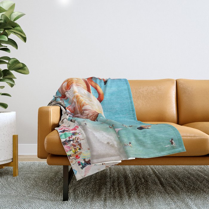 Flamingos On The Beach, Wildlife Surrealism Birds, Nature Flamingo Fantasy Beach Summer Photography Throw Blanket