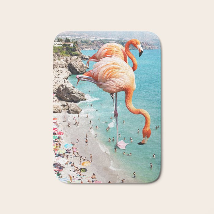 Flamingos On The Beach, Wildlife Surrealism Birds, Nature Flamingo Fantasy Beach Summer Photography Bath Mat
