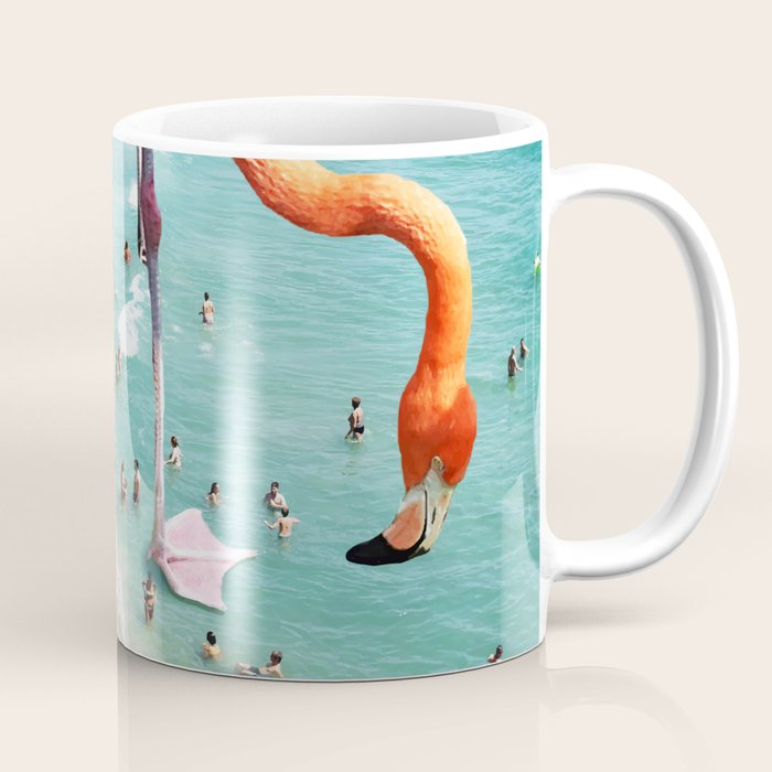 Flamingos On The Beach, Wildlife Surrealism Birds, Nature Flamingo Fantasy Beach Summer Photography Coffee Mug