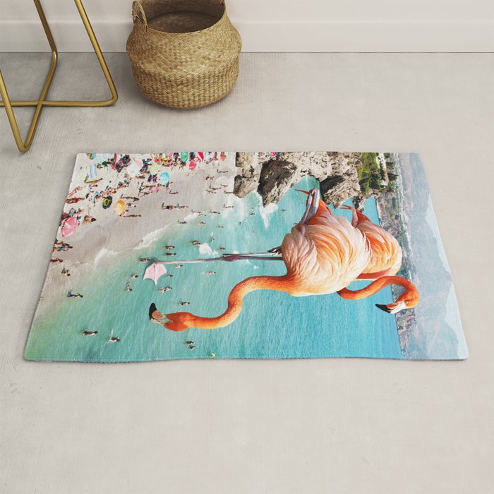 Flamingos On The Beach, Wildlife Surrealism Birds, Nature Flamingo Fantasy Beach Summer Photography Rug