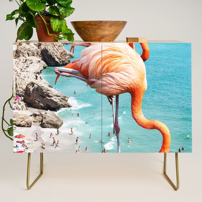 Flamingos On The Beach, Wildlife Surrealism Birds, Nature Flamingo Fantasy Beach Summer Photography Credenza
