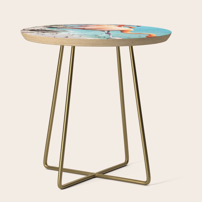 Flamingos On The Beach, Wildlife Surrealism Birds, Nature Flamingo Fantasy Beach Summer Photography Side Table