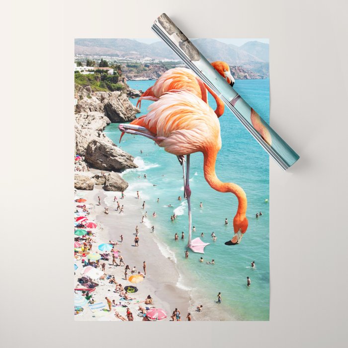 Flamingos On The Beach, Wildlife Surrealism Birds, Nature Flamingo Fantasy Beach Summer Photography Wrapping Paper