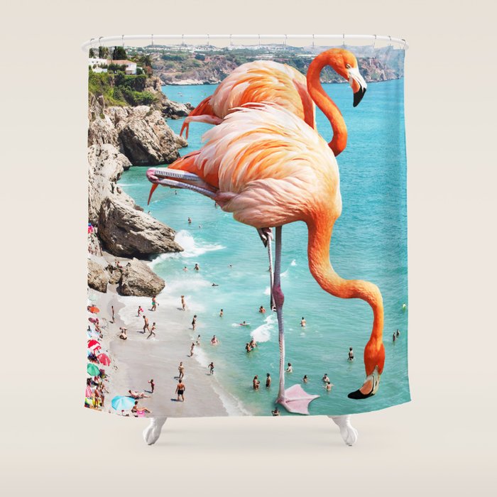 Flamingos On The Beach, Wildlife Surrealism Birds, Nature Flamingo Fantasy Beach Summer Photography Shower Curtain