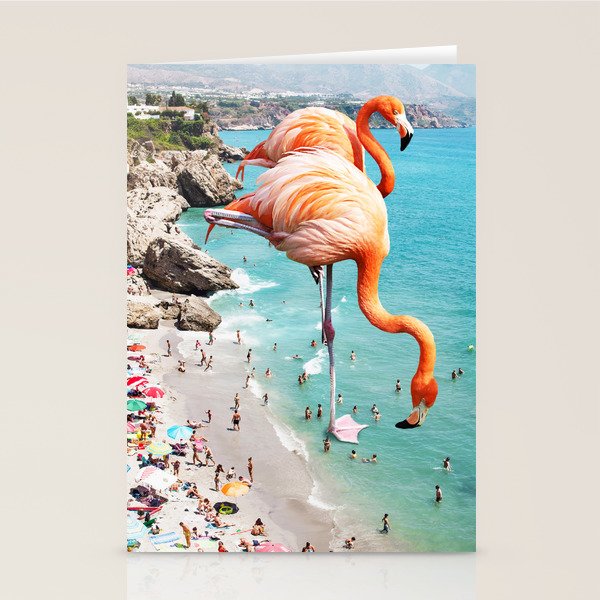 Flamingos On The Beach, Wildlife Surrealism Birds, Nature Flamingo Fantasy Beach Summer Photography Stationery Card