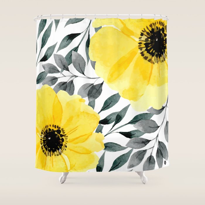 Big Yellow Watercolor Flowers Shower Curtain