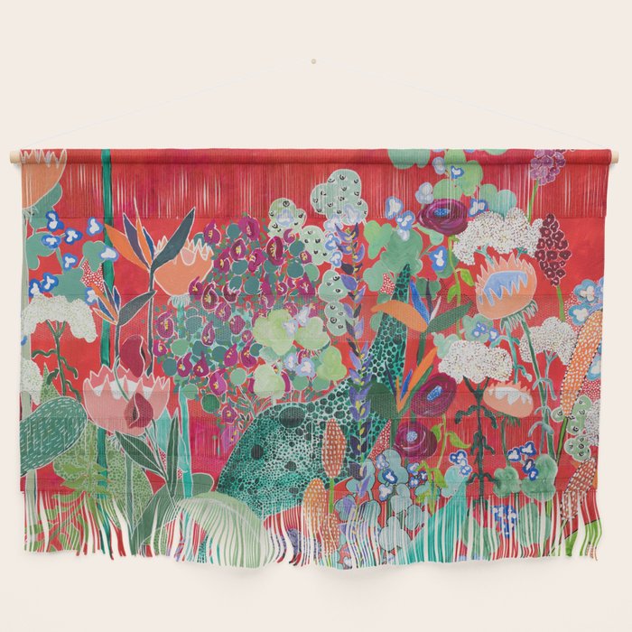 Red Floral Jungle Garden Botanical Featuring Proteas, Reeds, Eucalyptus, Ferns And Birds Of Paradise Wall Hanging