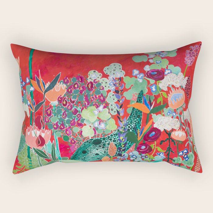 Red Floral Jungle Garden Botanical Featuring Proteas, Reeds, Eucalyptus, Ferns And Birds Of Paradise Rectangular Pillow