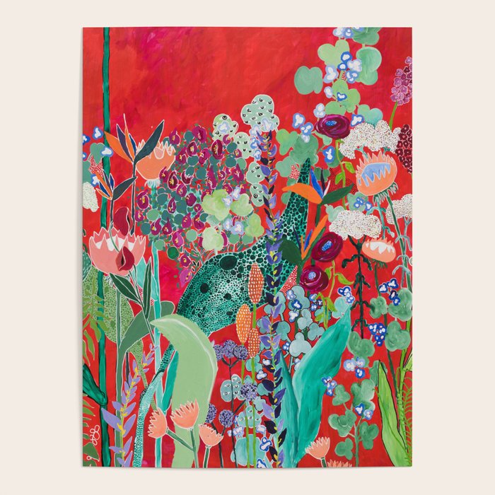 Red Floral Jungle Garden Botanical Featuring Proteas, Reeds, Eucalyptus, Ferns And Birds Of Paradise Poster