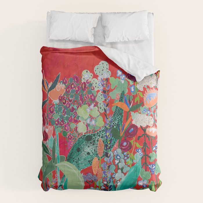 Red Floral Jungle Garden Botanical Featuring Proteas, Reeds, Eucalyptus, Ferns And Birds Of Paradise Comforter