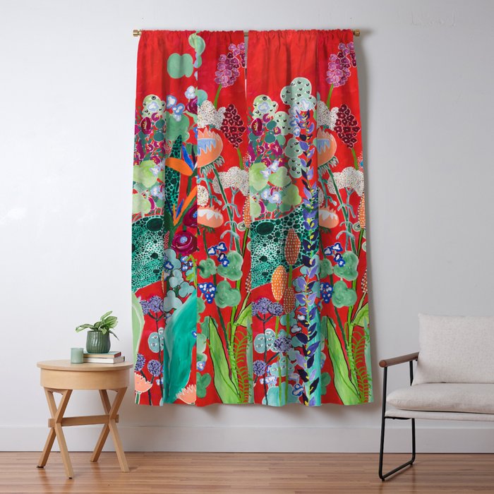 Red Floral Jungle Garden Botanical Featuring Proteas, Reeds, Eucalyptus, Ferns And Birds Of Paradise Window Curtain