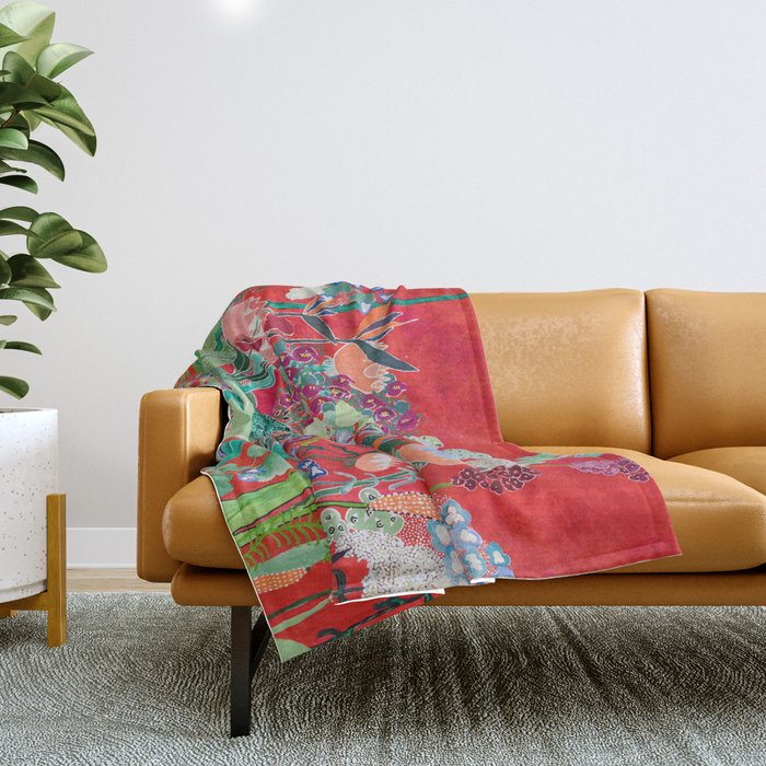 Red Floral Jungle Garden Botanical Featuring Proteas, Reeds, Eucalyptus, Ferns And Birds Of Paradise Throw Blanket