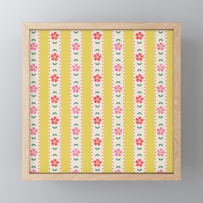Granny Style Vintage Florals On Yellow Stripes Mini Art Print