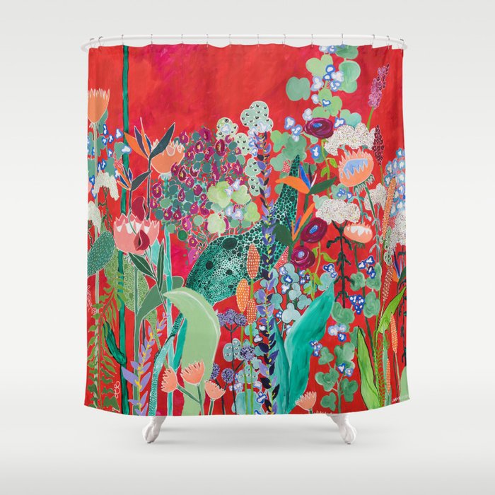 Red Floral Jungle Garden Botanical Featuring Proteas, Reeds, Eucalyptus, Ferns And Birds Of Paradise Shower Curtain