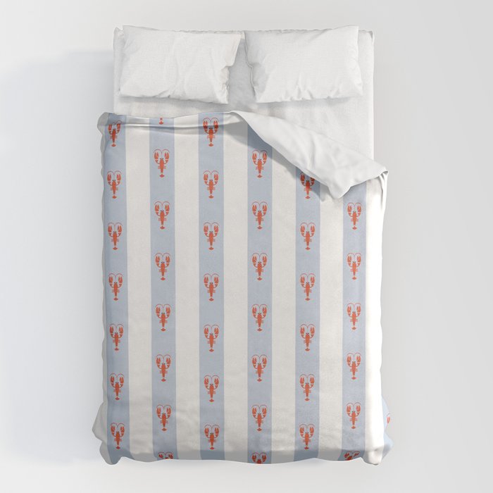 Red Lobsters On Hand-Painted Blue Stripes Duvet Cover