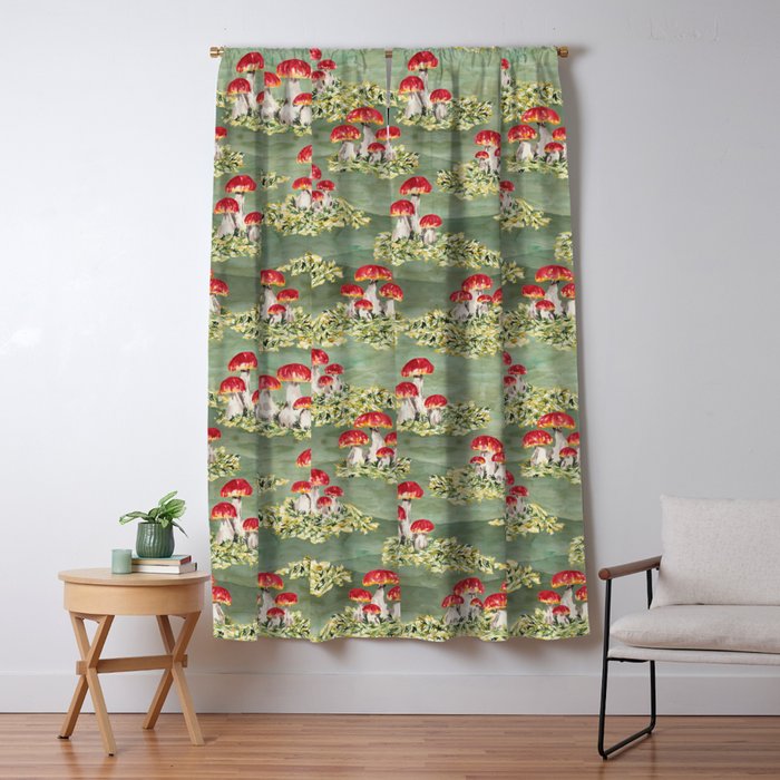 Watercolor Moss And Mushroom Mosaic Pattern Window Curtain