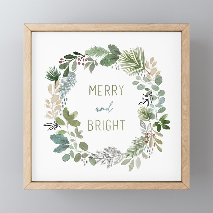 Merry & Bright Watercolor Wreath Mini Art Print