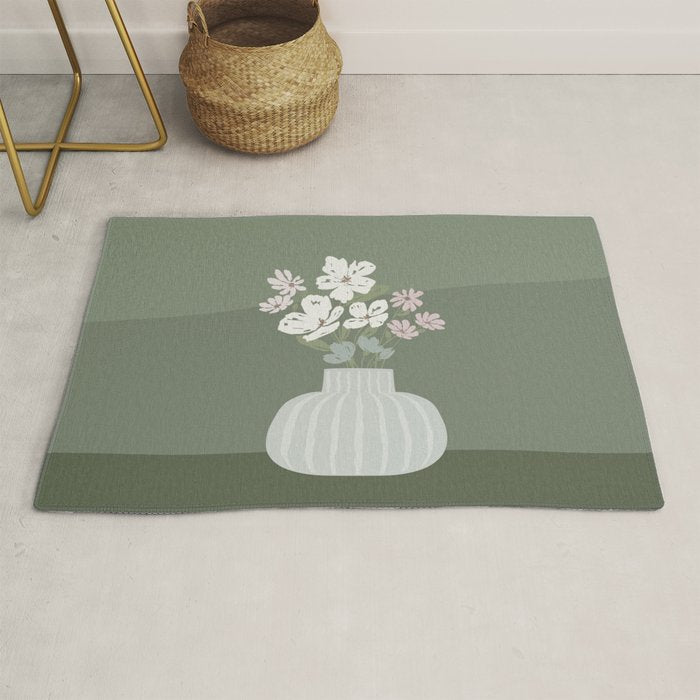 Wildflower Bouquet In Vase Illustration - Muted Pink, Beige And Sage Green Flowers  Rug