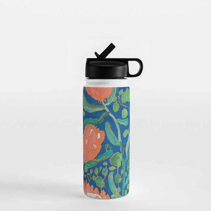 Coral Proteas On Blue Pattern Painting Water Bottle