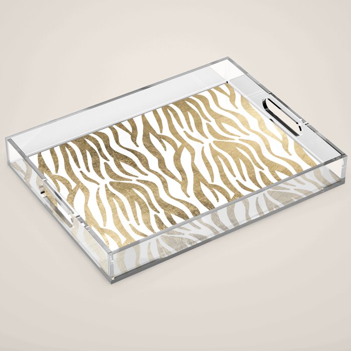 Chic Faux Gold White Modern Zebra Animal Print Pattern Acrylic Tray
