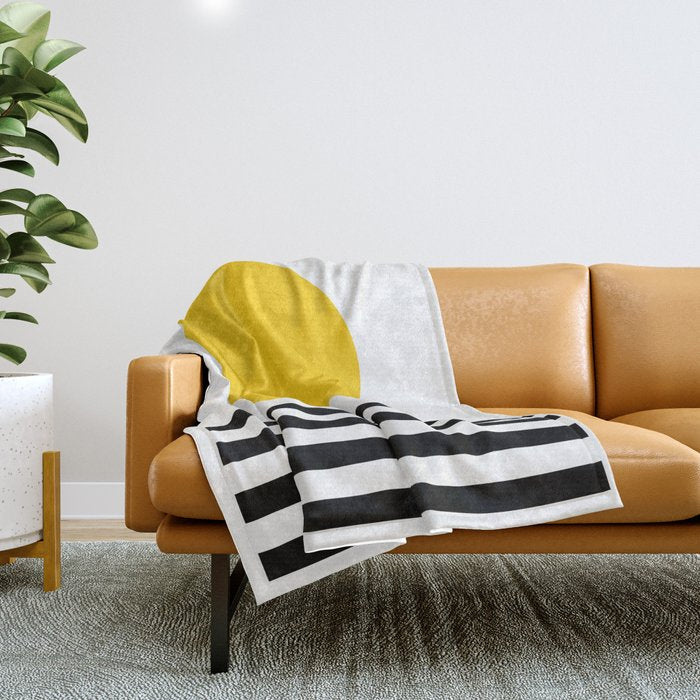 Midcentury Yellow Minimalist Sunset With Black Stripes Throw Blanket