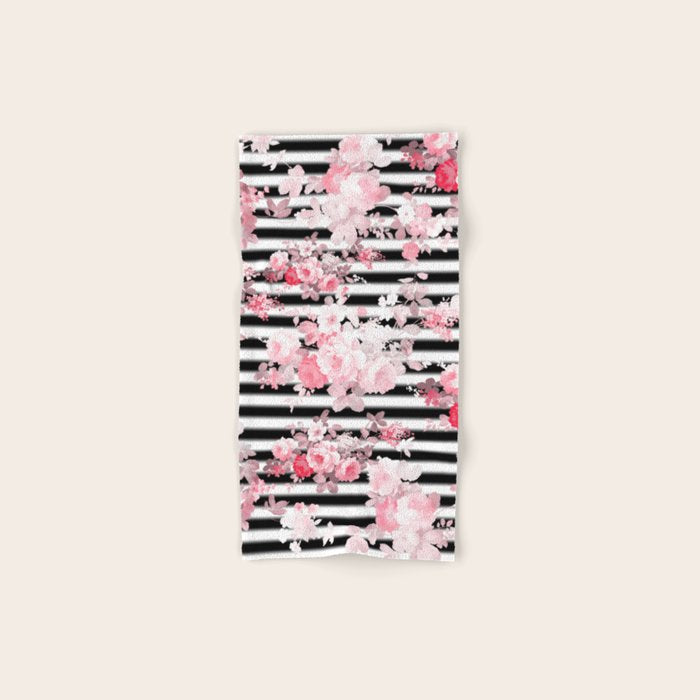 Vintage Blush Pink Floral Black White Stripes Bath Towel