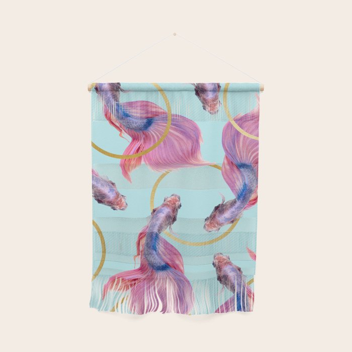 Hullahoops, Eclectic Colorful Fish Graphic Design, Animals Gold Rings Surrealism Quirky Wall Hanging