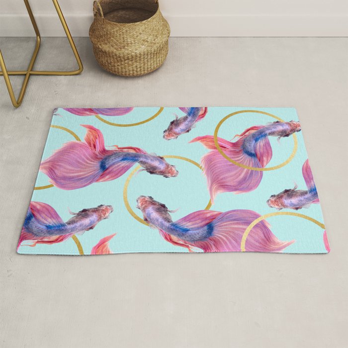 Hullahoops, Eclectic Colorful Fish Graphic Design, Animals Gold Rings Surrealism Quirky Rug