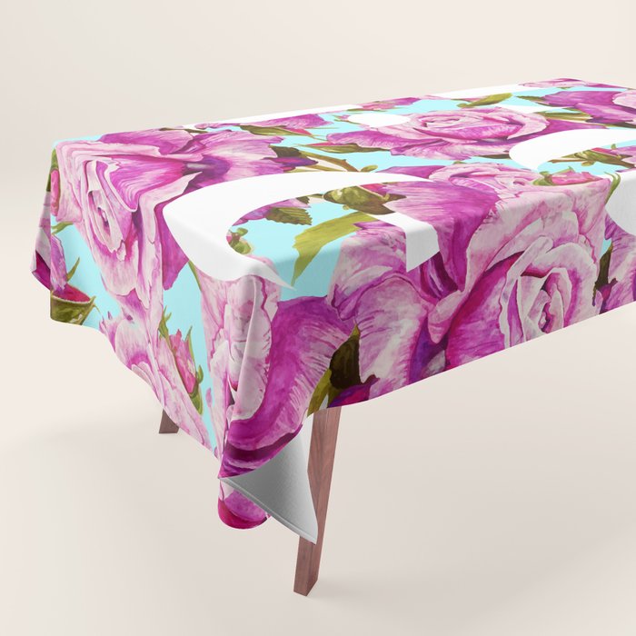 Love, Floral Typography Valentine'S Graphic Design, Eclectic Modern Boho Botanical Rose Illustration Tablecloth