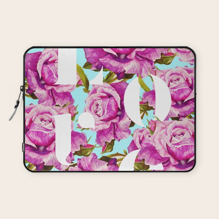 Love, Floral Typography Valentine'S Graphic Design, Eclectic Modern Boho Botanical Rose Illustration Laptop Sleeve