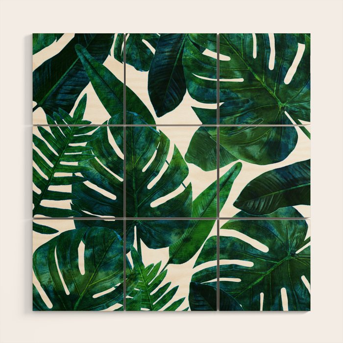 Tropical Nature Monstera Watercolor Painting, Botanical Jungle Dark Palm Illustration Wood Wall Art