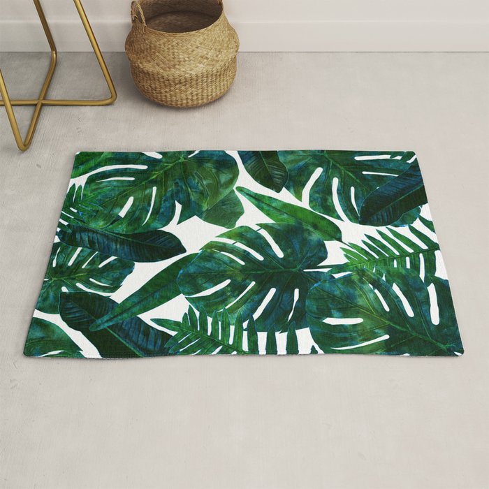 Tropical Nature Monstera Watercolor Painting, Botanical Jungle Dark Palm Illustration Rug
