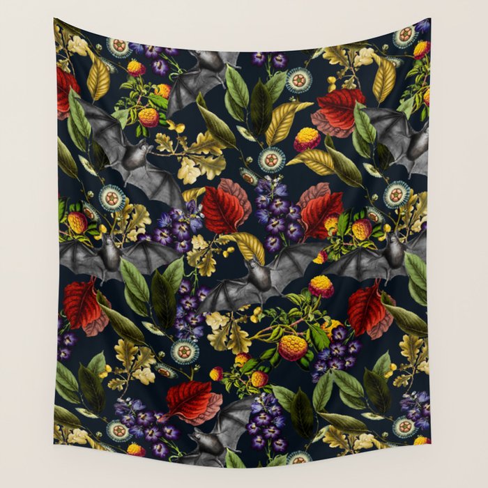 Flying Fox And Floral Pattern Wall Tapestry