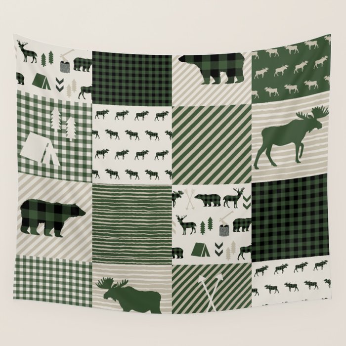 Camping Hunter Green Plaid Quilt Cheater Quilt Baby Nursery Cute Pattern Bear Moose Cabin Life Wall Tapestry