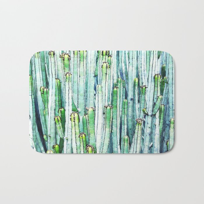Lost Cactus, Watercolor Nature Painting, Botanical Neutral Illustration Minimal Drawing Jungle Bath Mat