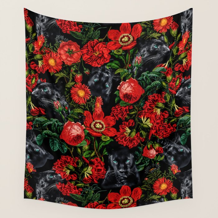 Panther And Floral Pattern Xo Wall Tapestry