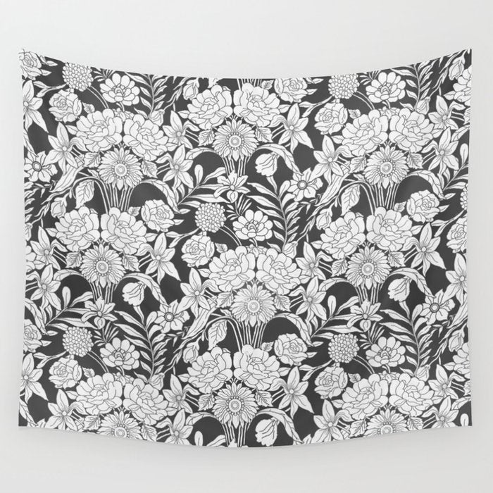 Vintage Bohemian Black White Roses Country Floral Wall Tapestry