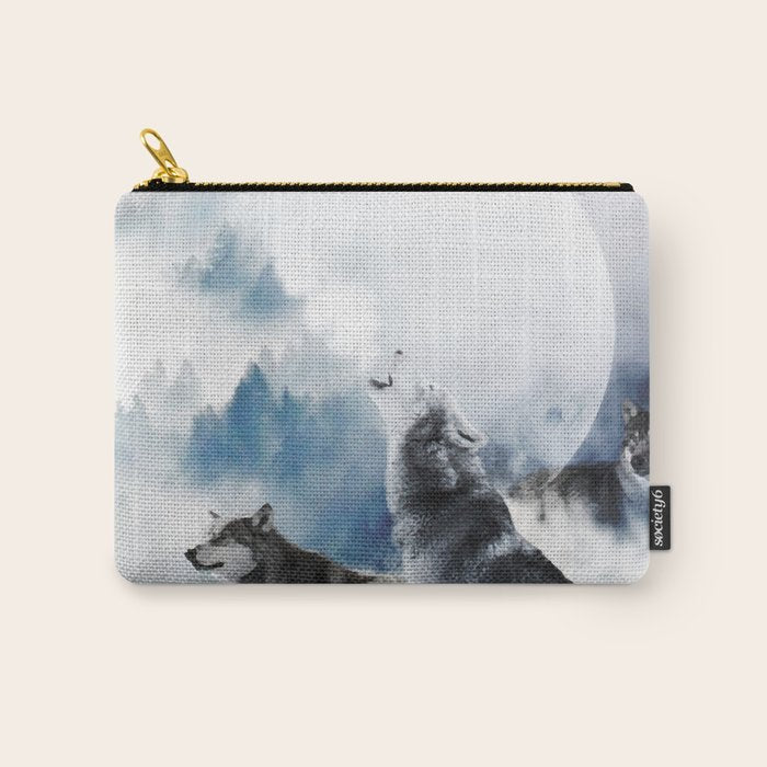 Winter Wolves, Wildlife Wolf Wild Dogs, Snow Full Moon Animals Photography Love Digital Art Carry All Pouch