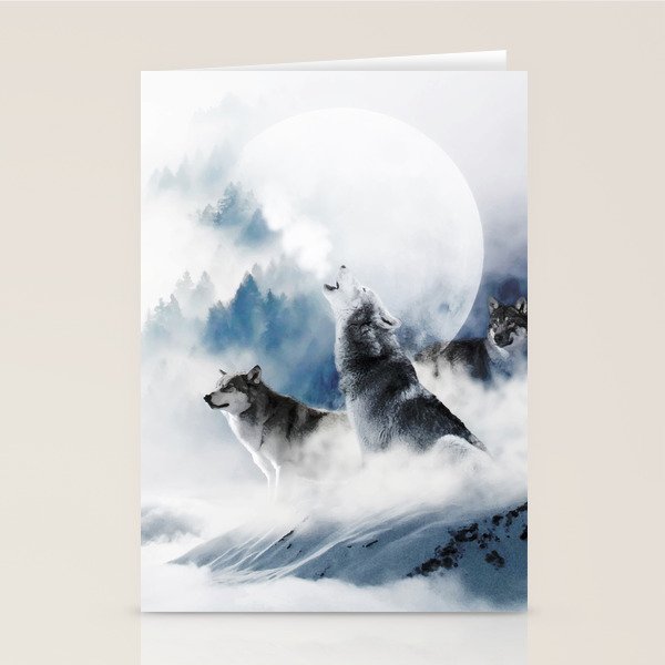 Winter Wolves, Wildlife Wolf Wild Dogs, Snow Full Moon Animals Photography Love Digital Art Stationery Card