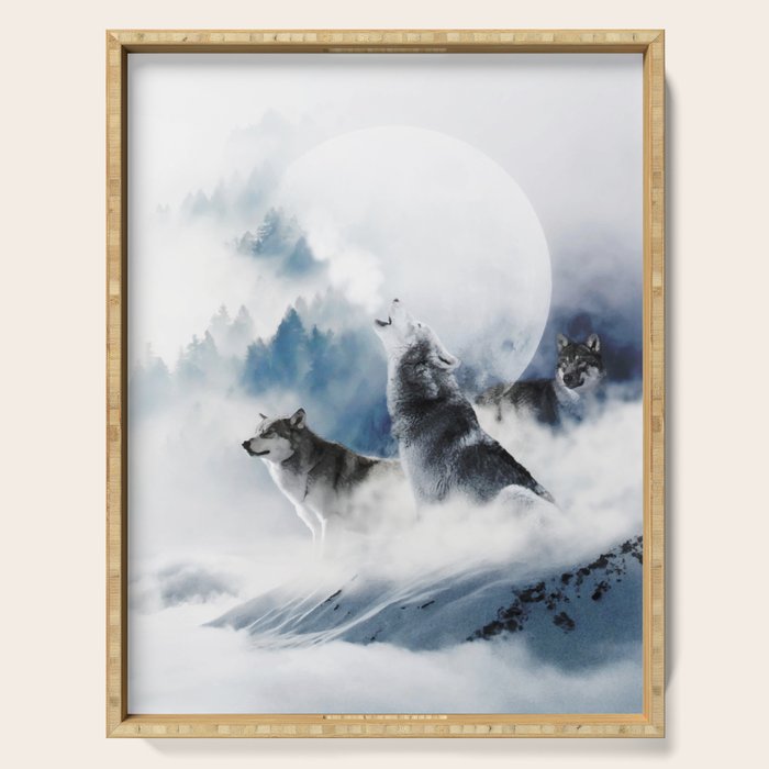 Winter Wolves, Wildlife Wolf Wild Dogs, Snow Full Moon Animals Photography Love Digital Art Serving Tray