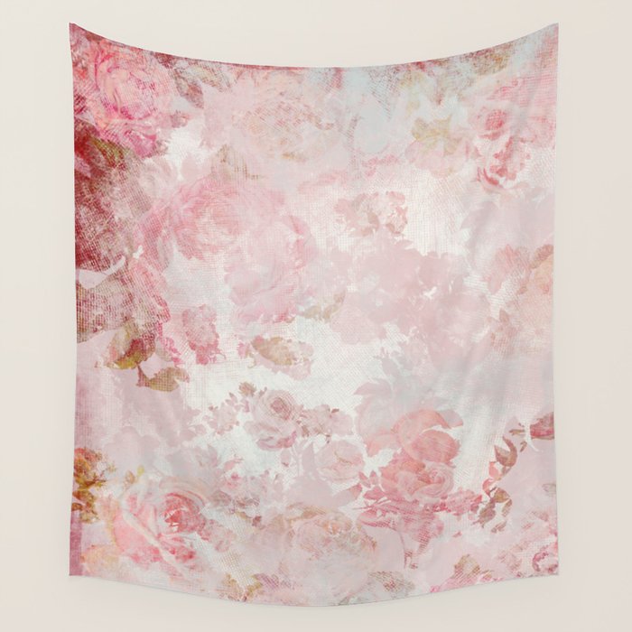 Vintage Floral Rose Roses Painterly Pattern In Pink Wall Tapestry